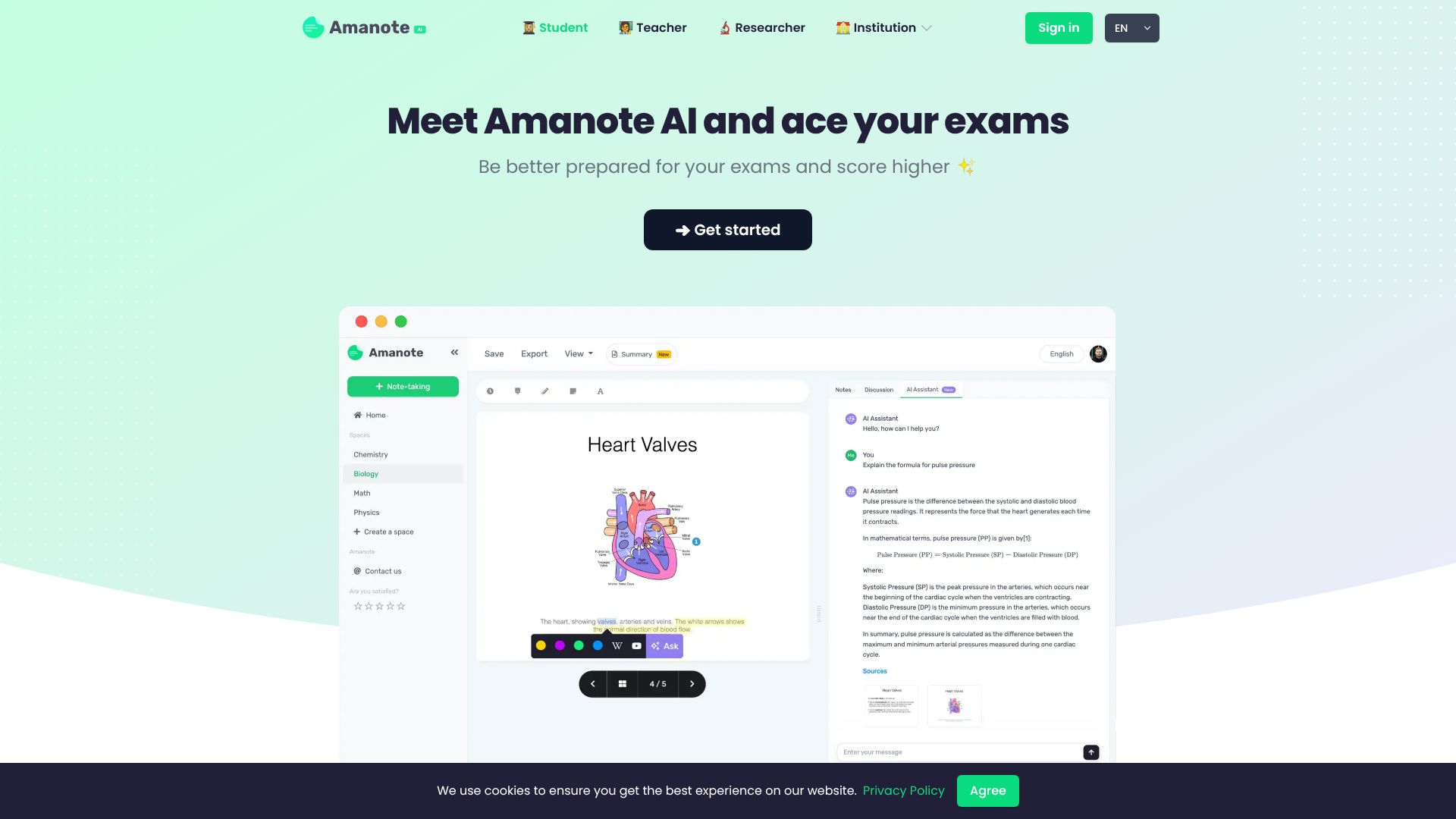 Amanote landing page showing note-taking features on slides