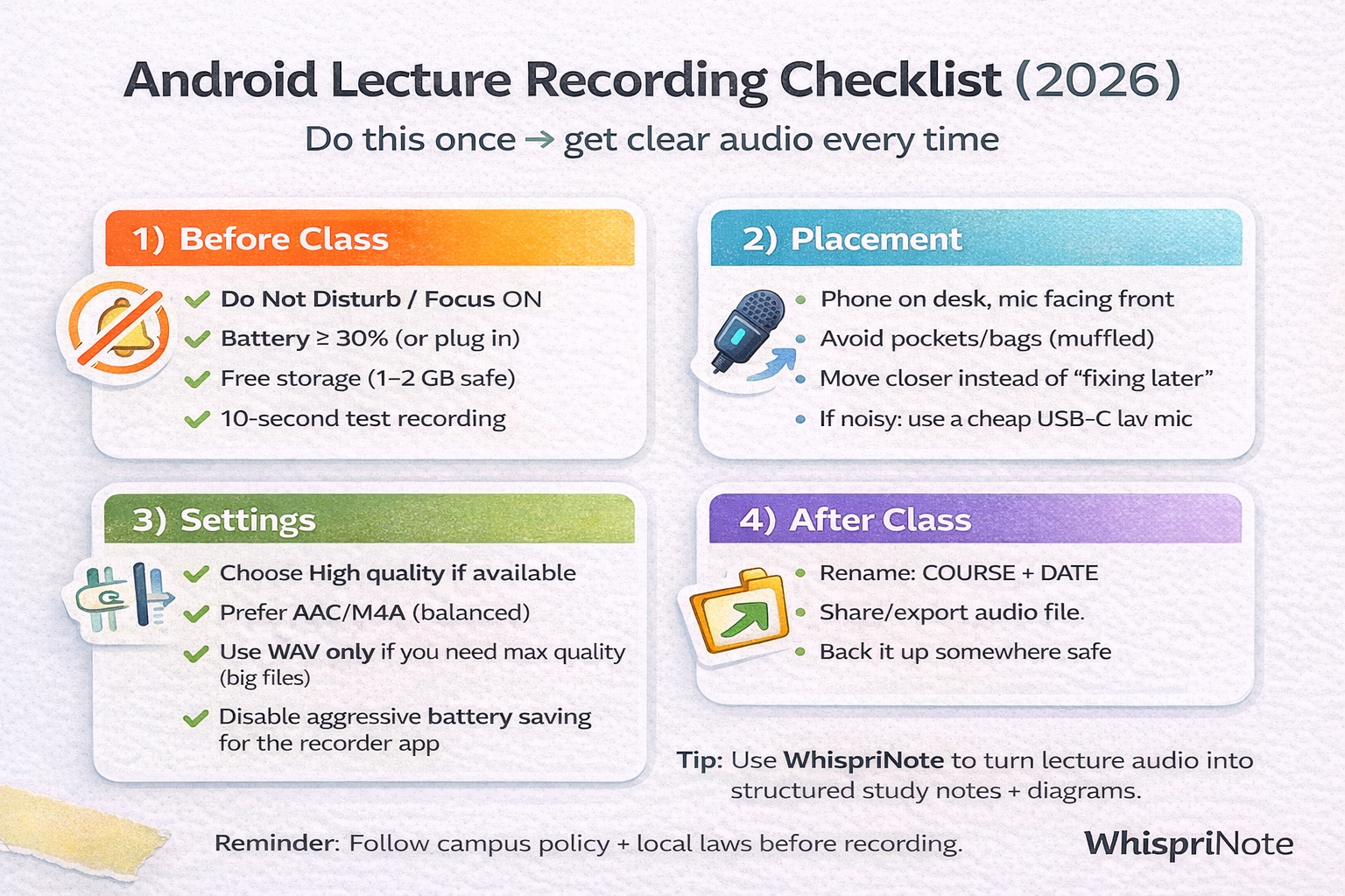 Android lecture recording checklist: setup, placement, and save or share steps