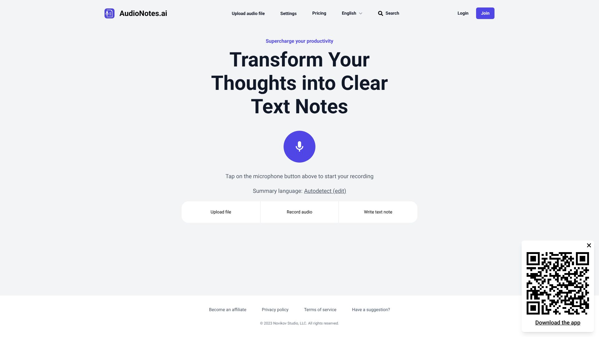 AudioNotes.ai landing page with microphone icon for recording audio notes