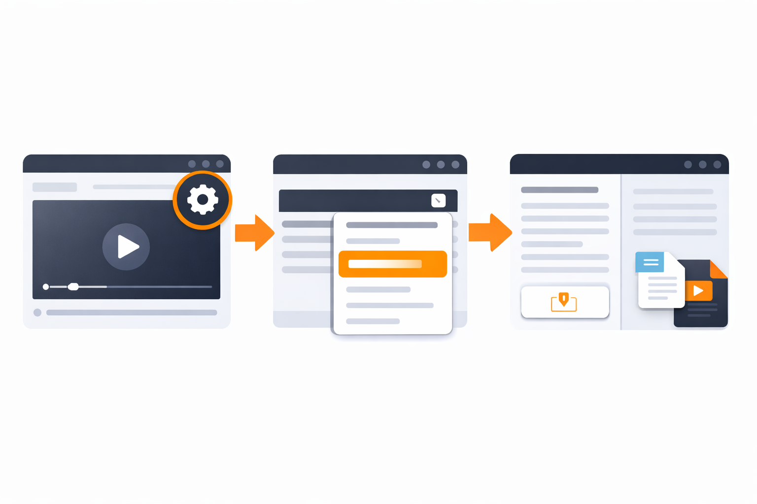 Brightspace transcript download steps: open video settings, view transcript, then download TXT or VTT