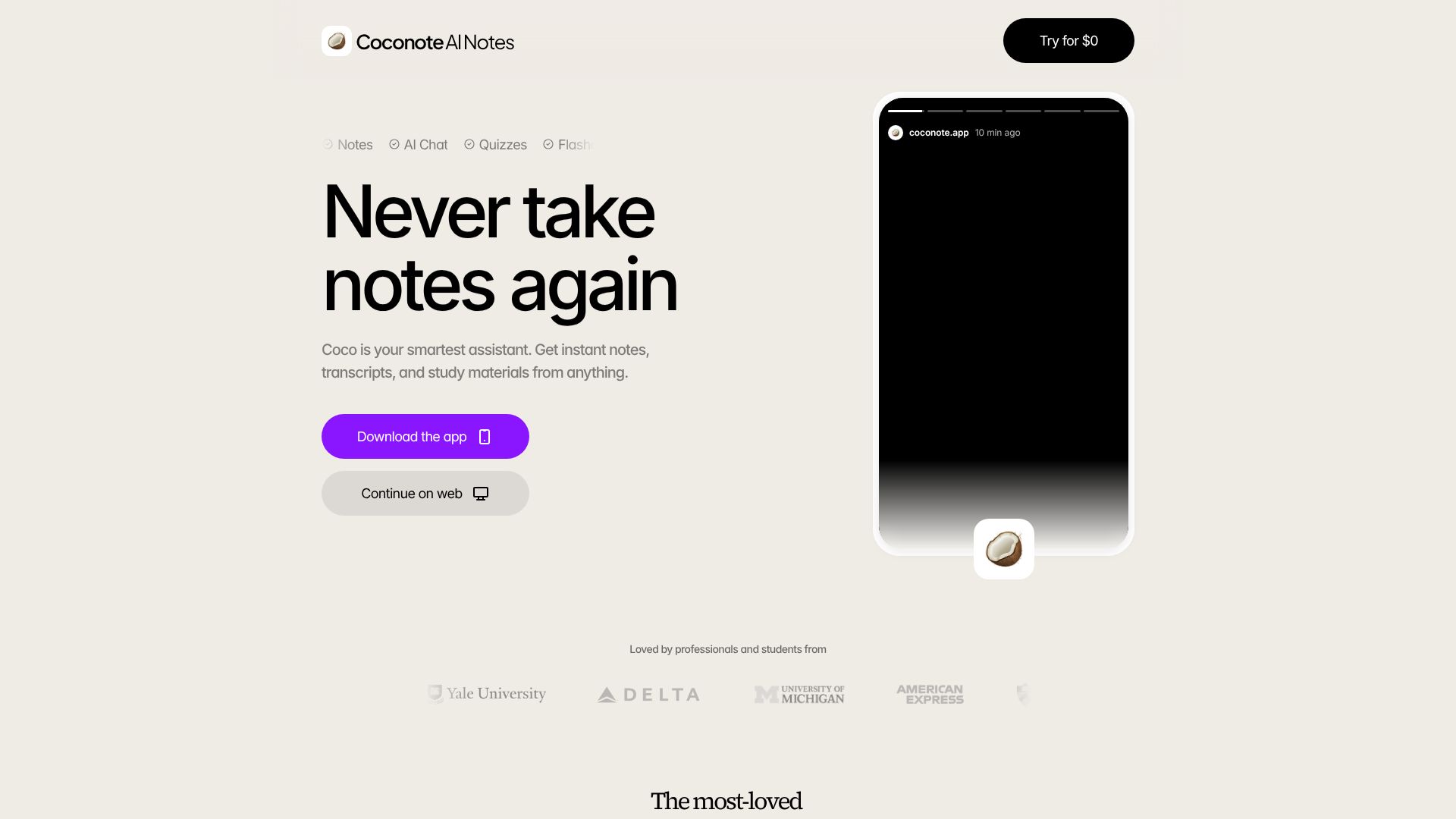 Coconote landing page showcasing AI note-taking and study assistant features