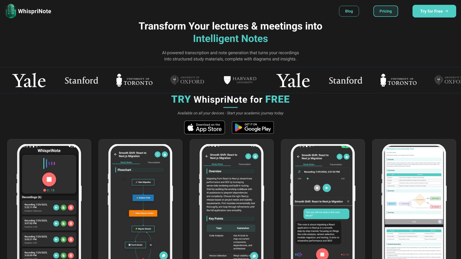 WhispriNote landing page showing AI notes and diagrams