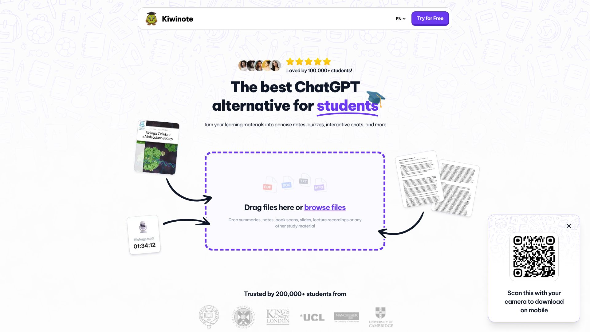 Kiwinote landing page for AI assistant features for students