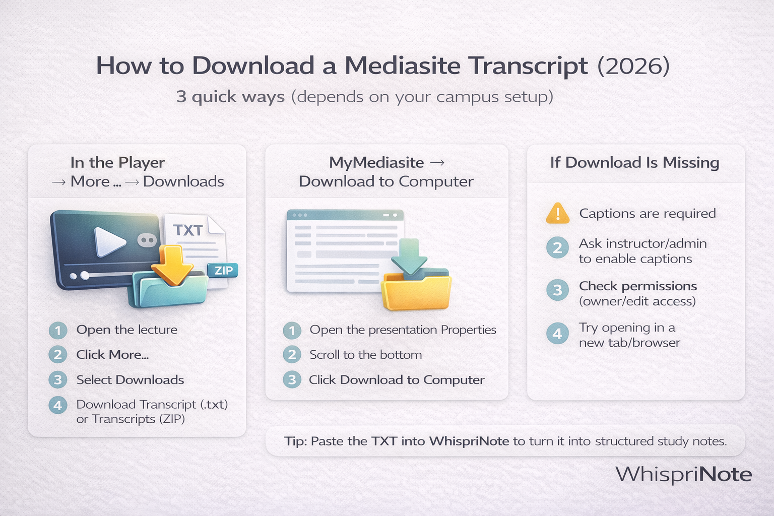 How to download a Mediasite transcript (2026): 3 ways depending on your Mediasite setup