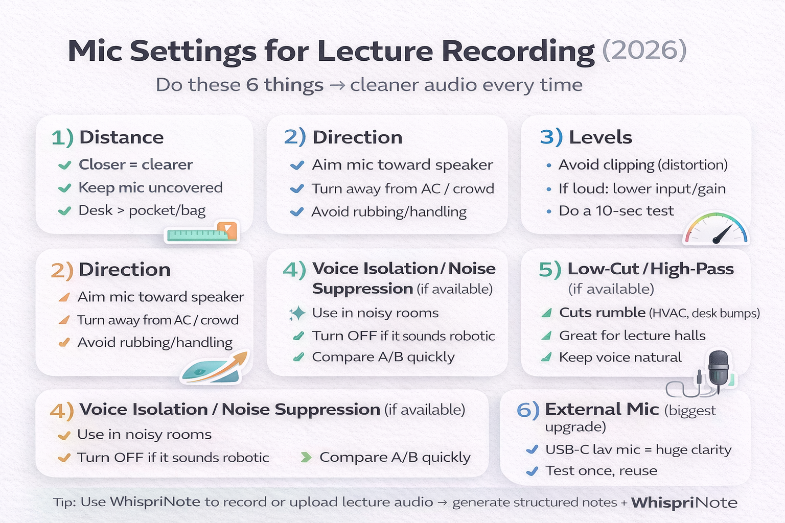 Lecture recording mic settings checklist: placement, levels, noise reduction, and clarity tips