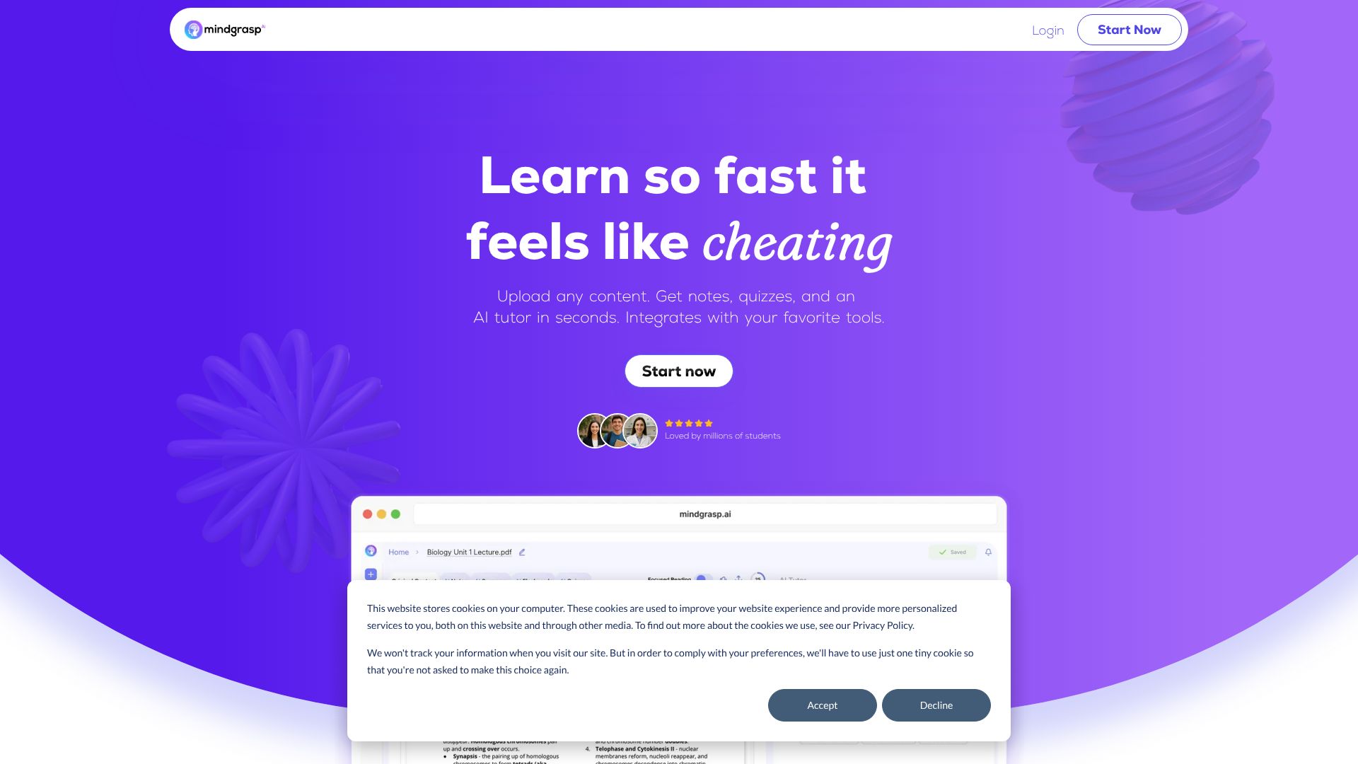 Mindgrasp landing page featuring AI notes, quizzes, and a tutor