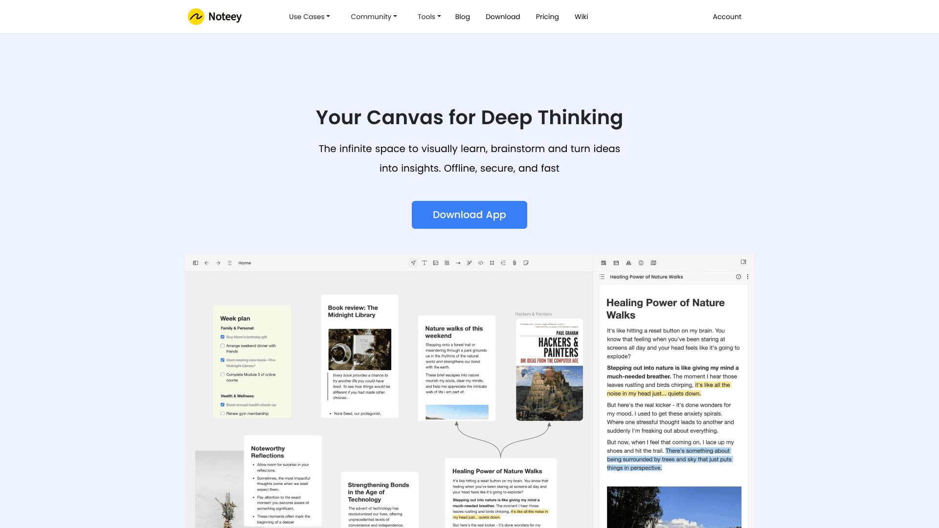 Noteey visual canvas interface with notes, PDFs, and mind maps