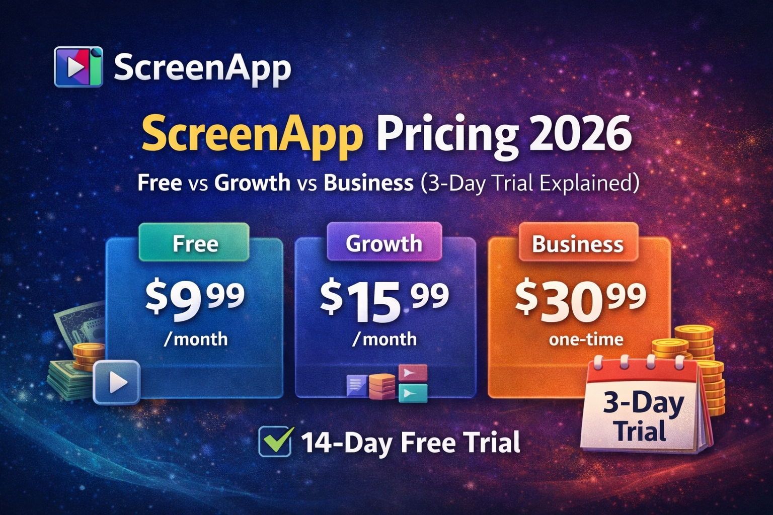 ScreenApp Pricing 2026: Free vs Growth vs Business (3-Day Trial Explained)