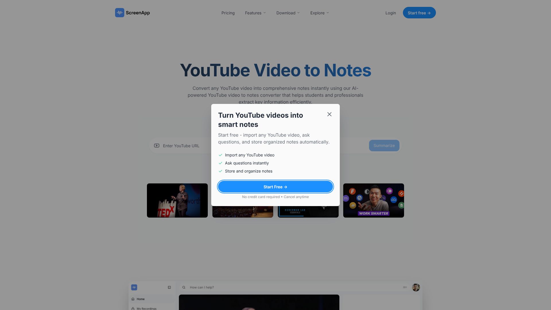 ScreenApp interface showing video to notes conversion