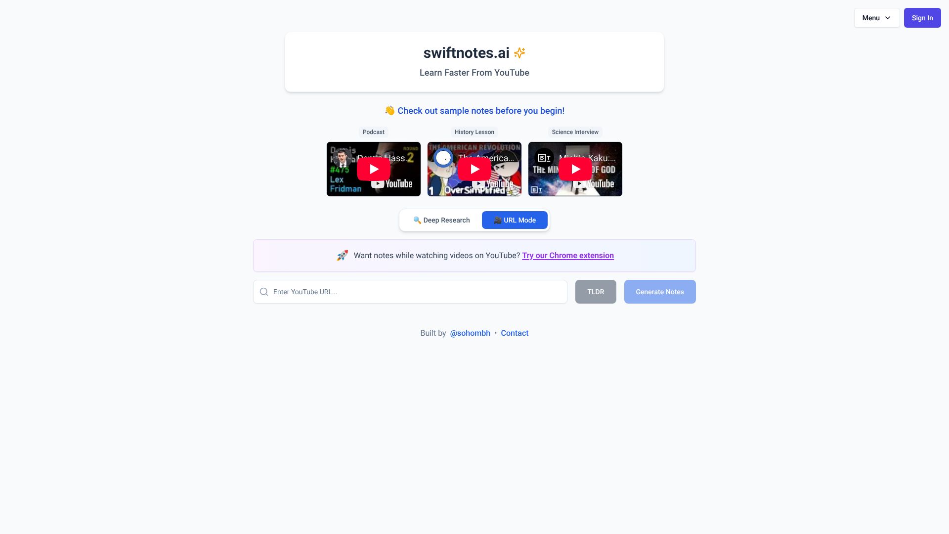 Swiftnotes.ai interface showing YouTube video notes generation