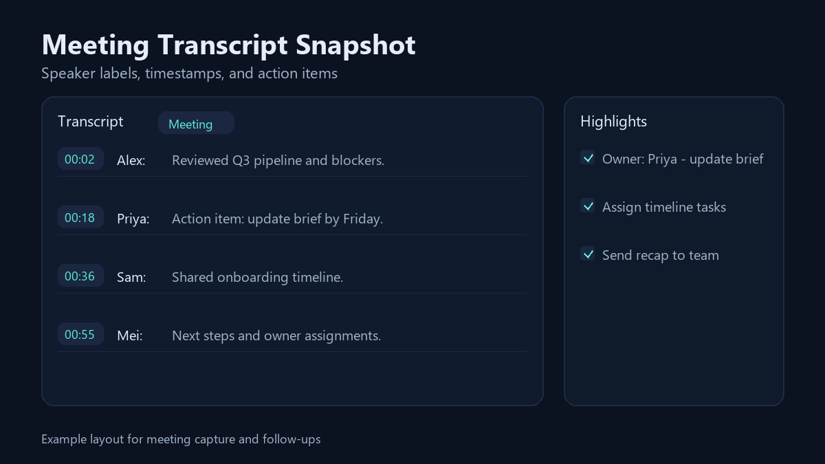 Meeting transcript example with speaker labels, timestamps, and action items