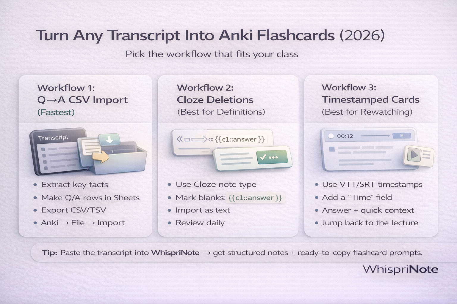 Transcript to Anki workflows infographic