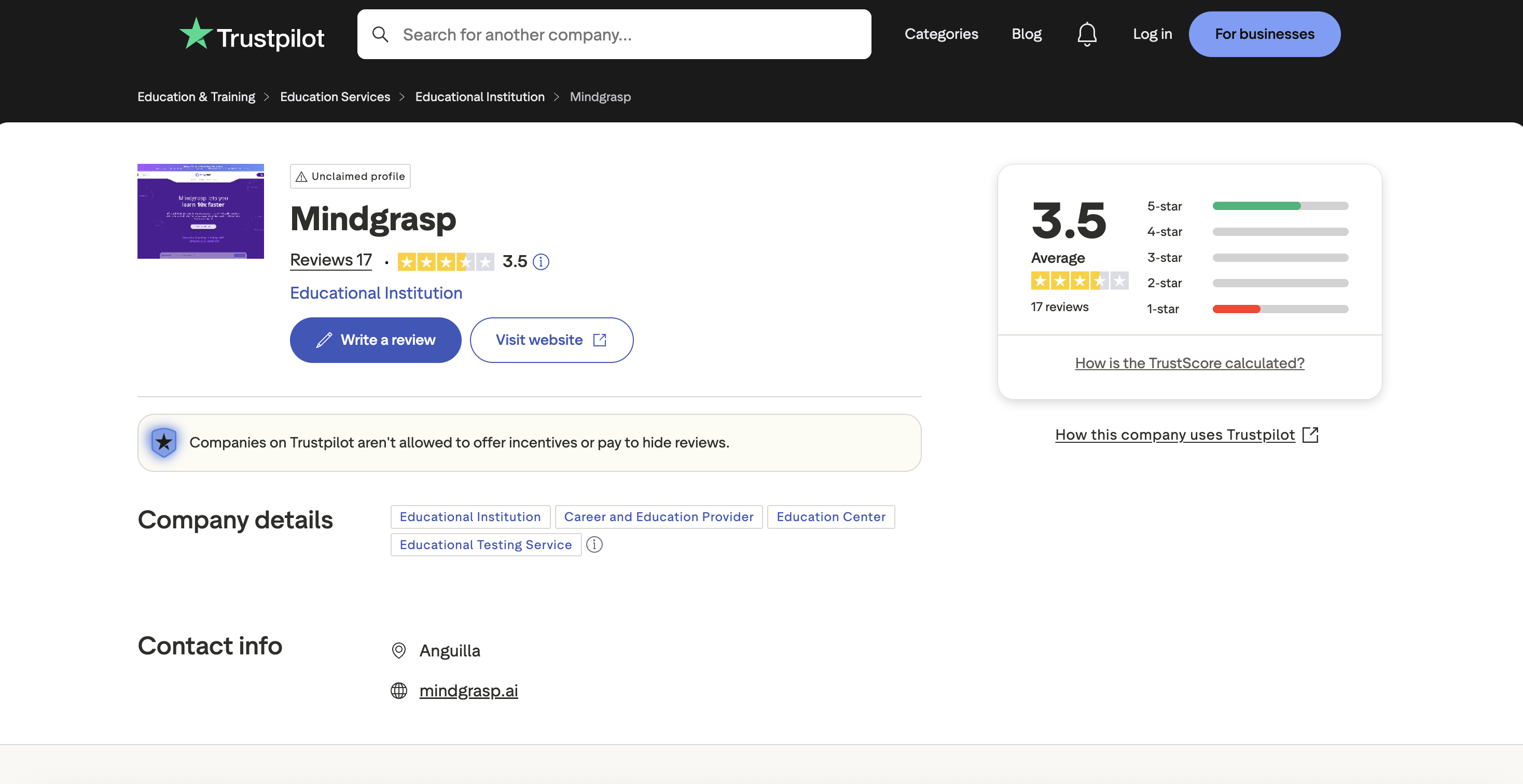 Mindgrasp Trustpilot review showing billing complaint