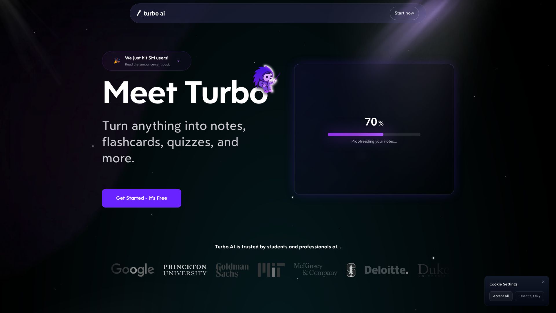 Turbo AI landing page highlighting AI notes, flashcards, and quizzes