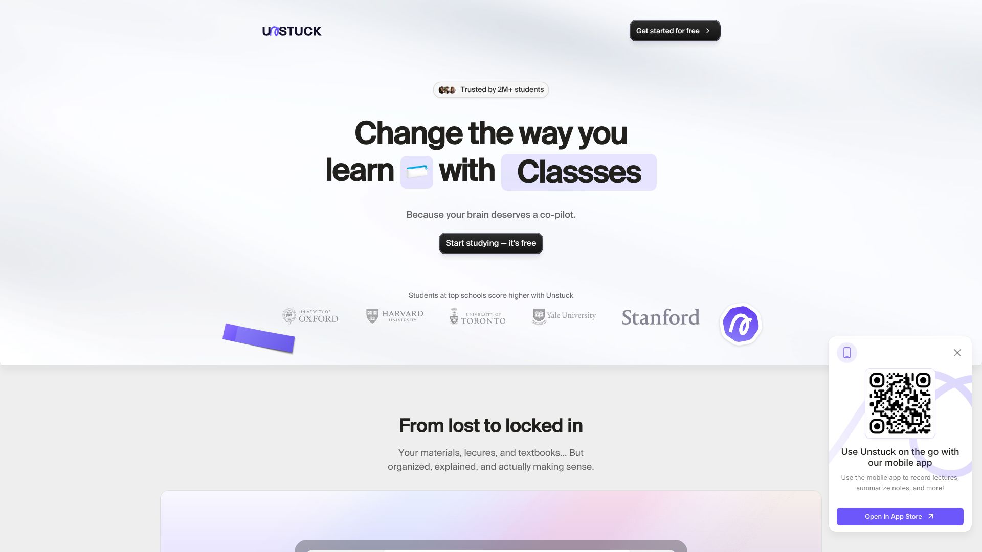 Unstuck Study landing page with AI tools for lecture recording and flashcards