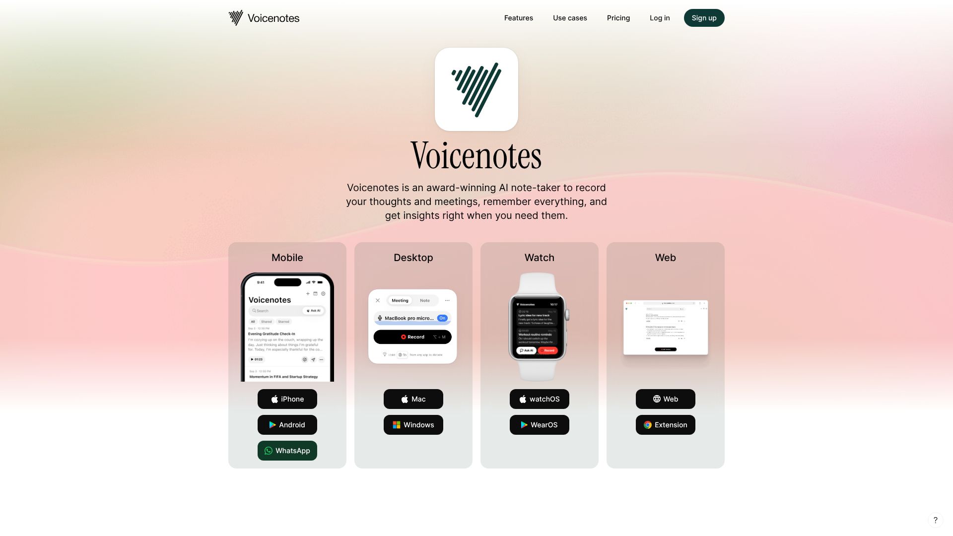 Voicenotes application showing its features on a laptop