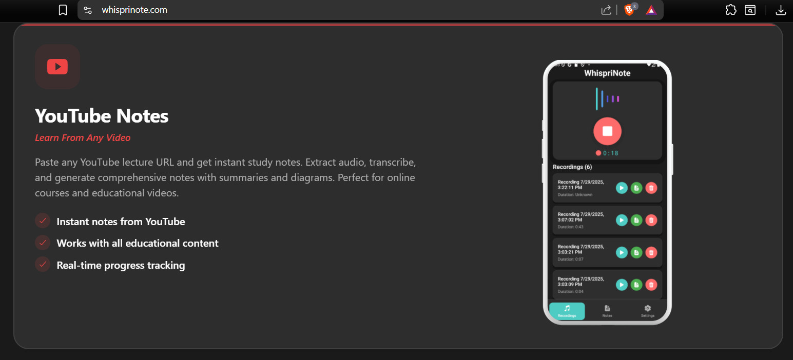 WhispriNote YouTube to Notes workflow