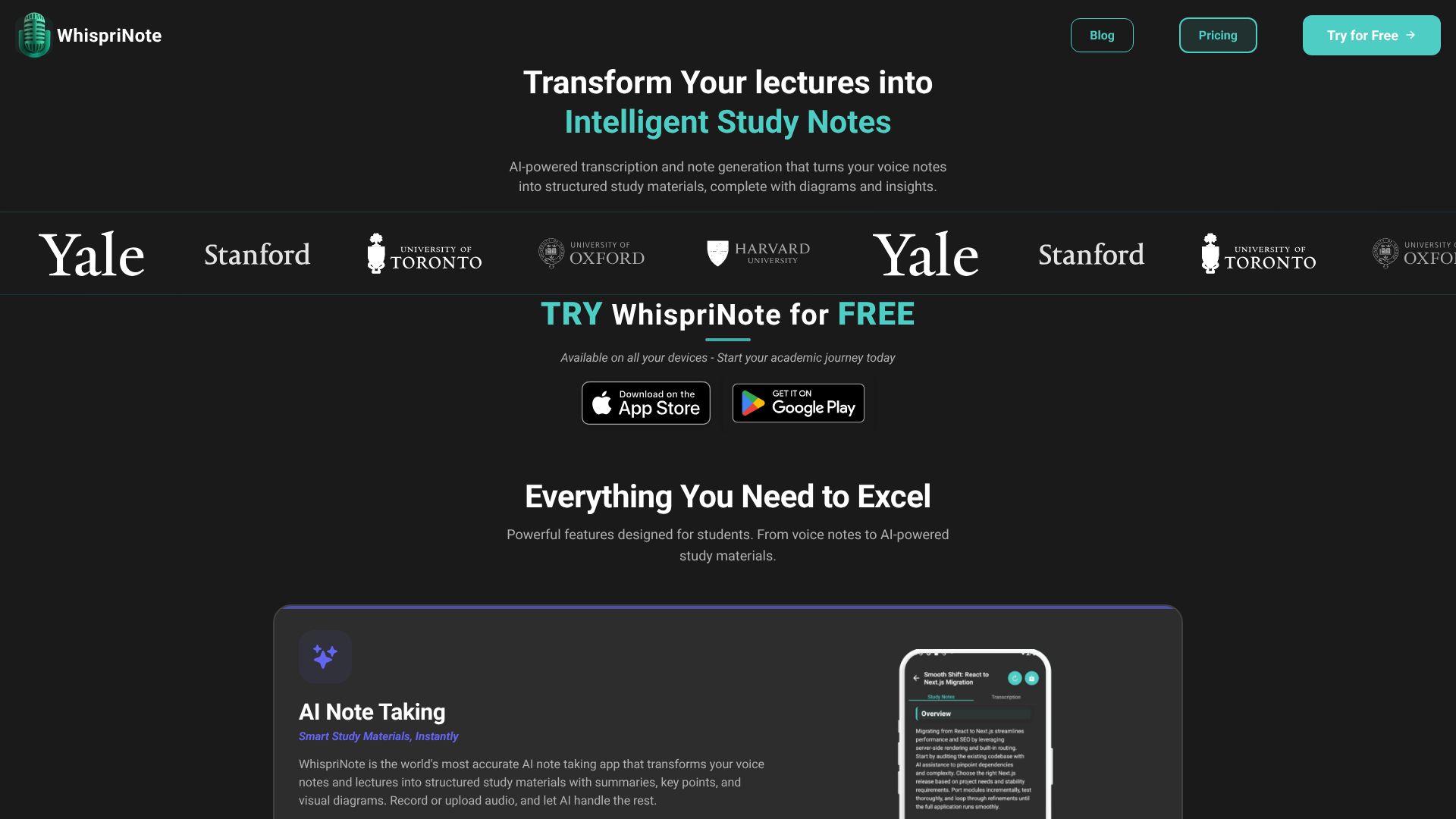 WhispriNote app interface showing AI-generated notes and visual diagrams