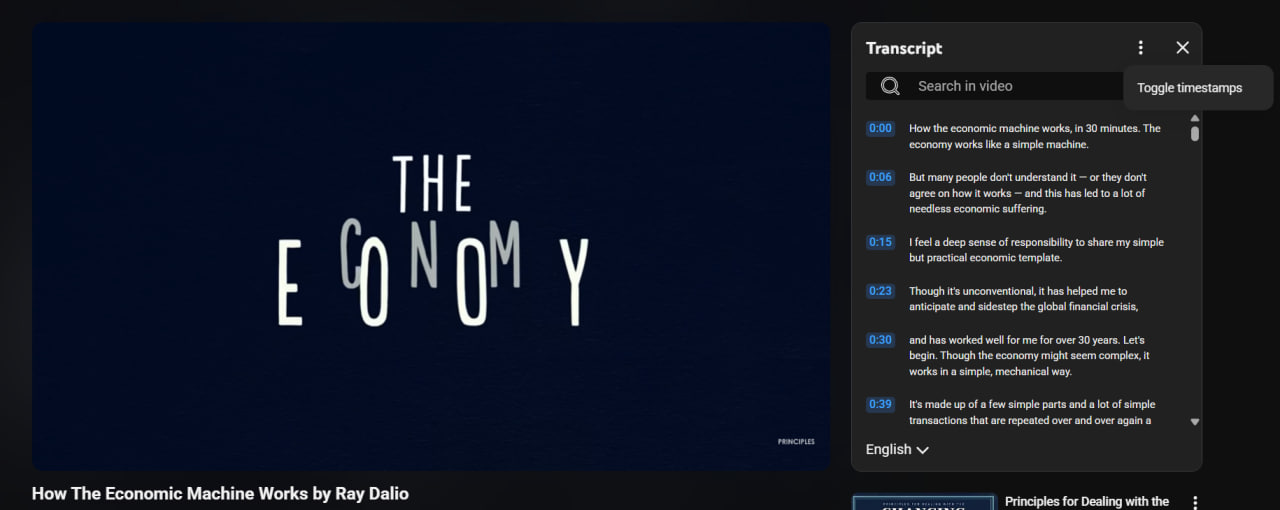 YouTube transcript toggle timestamps option
