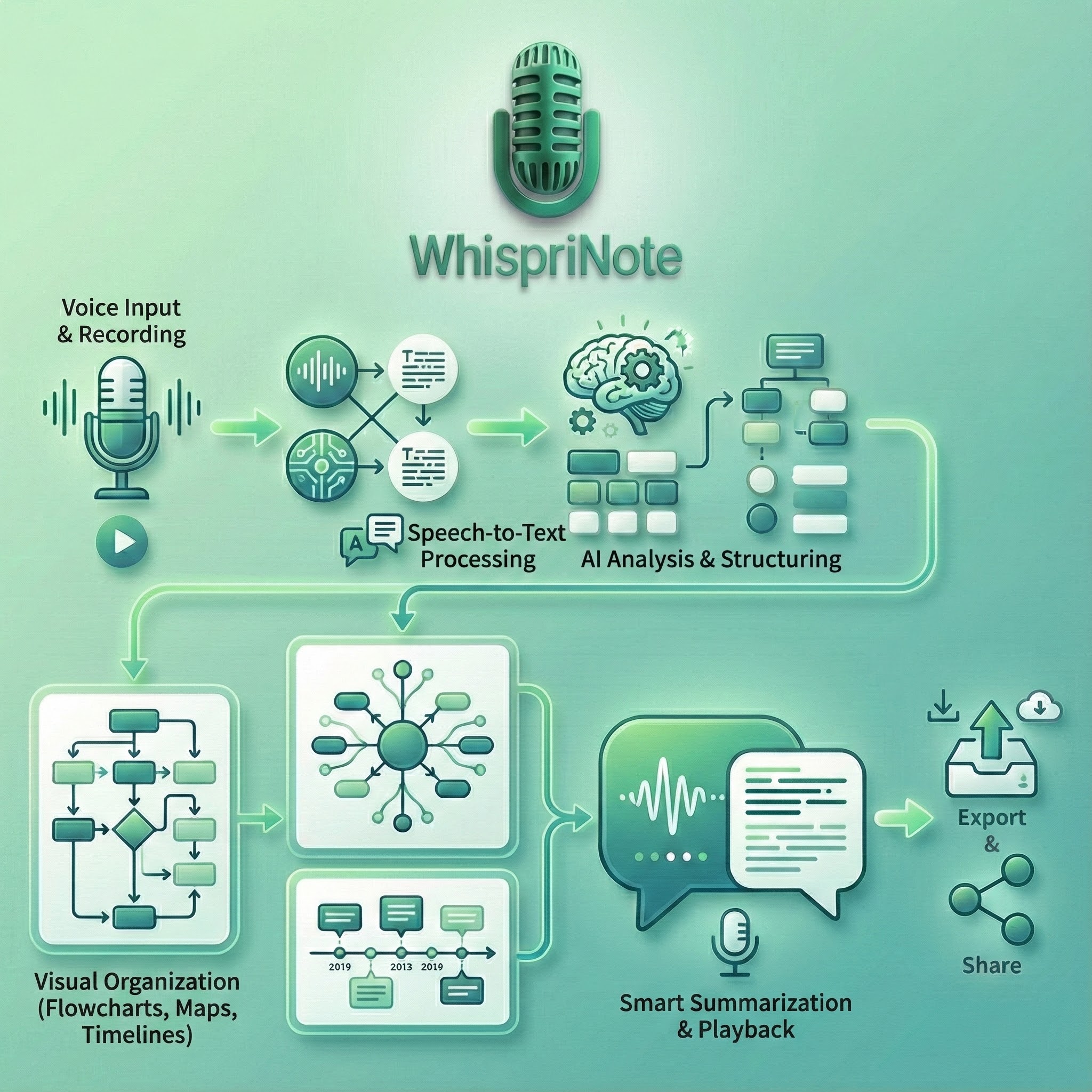 WhispriNote workflow infographic: recording to structured notes and visuals