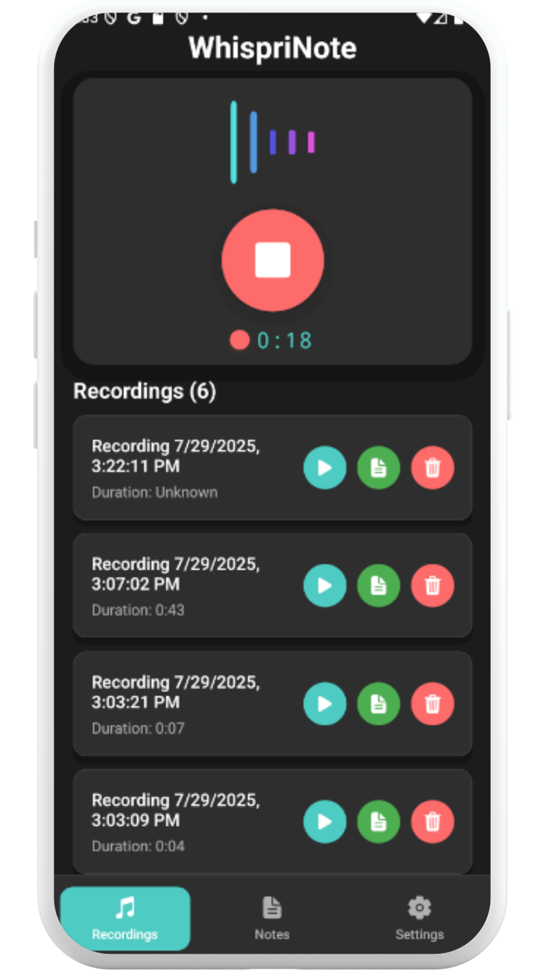 WhispriNote mobile recording screen